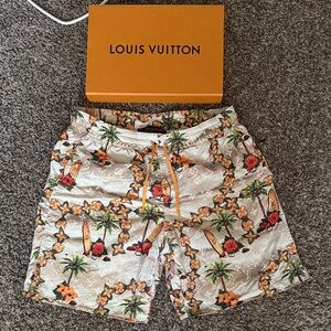 Louis Vuitton Beige Tropical Print Swim Shorts with Orange Accents medium